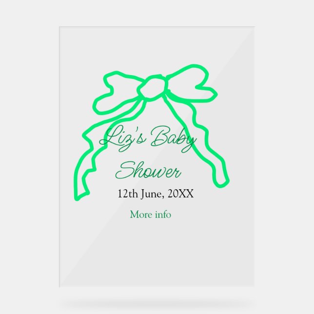 Panneau En Acrylique Baby shower à griffes arc vert ajouter nom date mo (Recto)