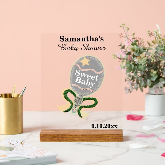 Panneau En Acrylique Baby shower Argent Jaune Rattle Vert (Mariage)