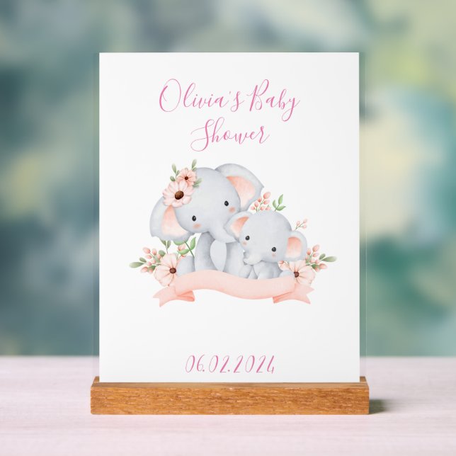 PANNEAU EN ACRYLIQUE BABY SHOWER BÉBÉ ÉLÉPHANT ET MOM ÉLÉPHANT (Neutre)