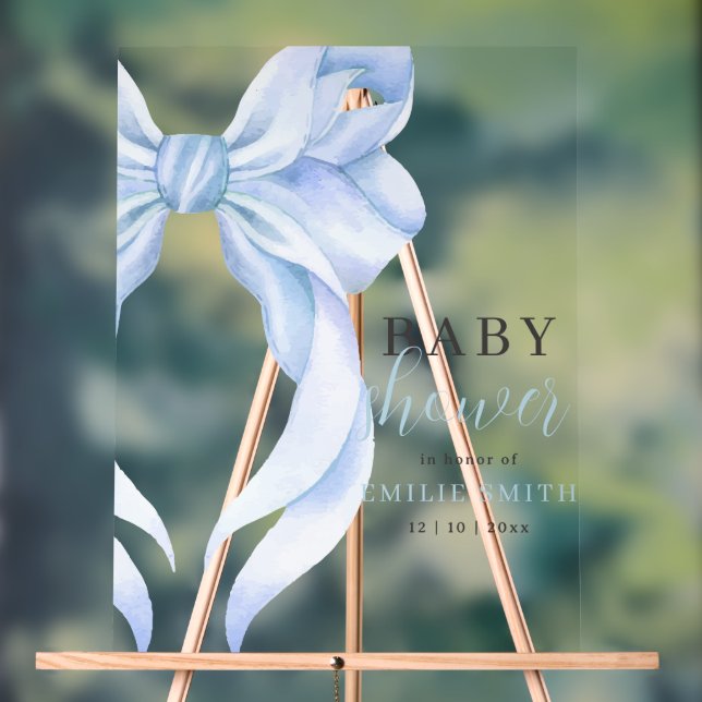 Panneau En Acrylique Baby shower Bleu Bow Invitation, Baby shower garço (Neutre)