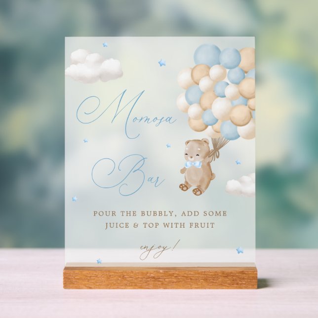 Panneau En Acrylique Baby shower bleu Teddy Bear Mimosa Bar (Neutre)