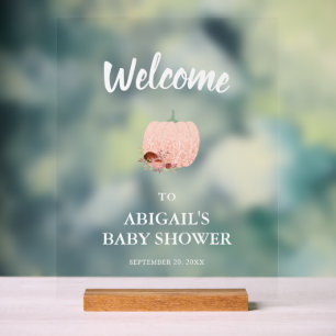 Panneau En Acrylique Baby shower Citrouille or rose Bienvenue