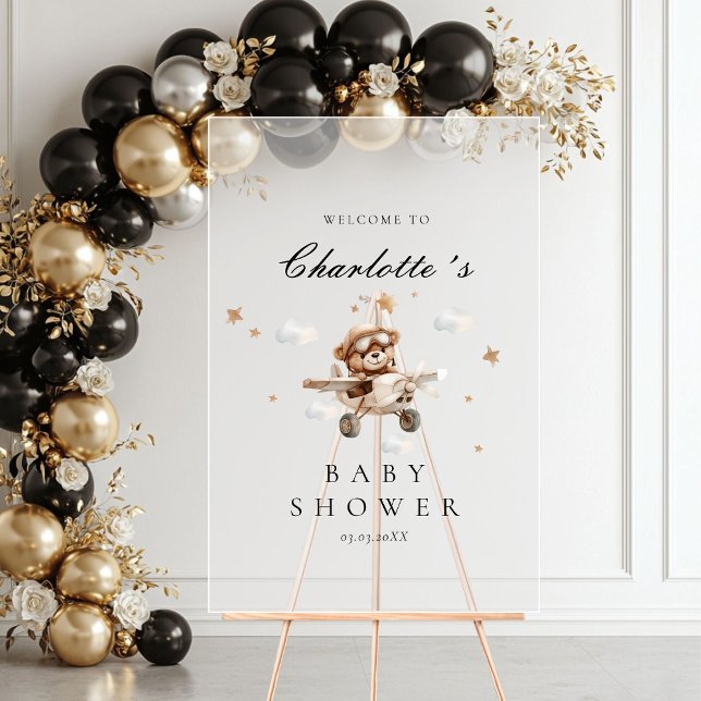 Panneau En Acrylique Baby shower d'accueil Teddy Bear & Airplane (Teddy Bear & Airplane Welcome Baby Shower Acrylic Sign)