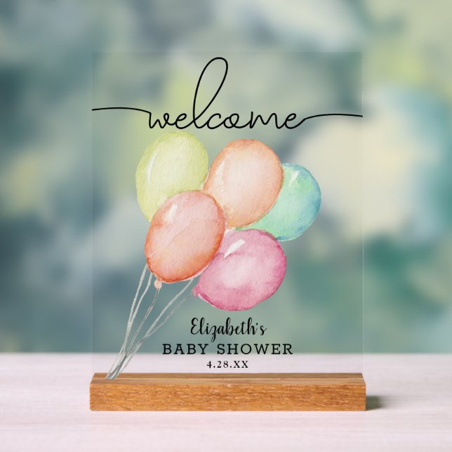 Panneau En Acrylique Baby shower de ballons d'aquarelle Bienvenue (Neutre)
