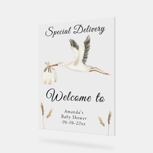 Panneau En Acrylique Baby shower de cigogne d'aquarelle Bienvenue (Angle)