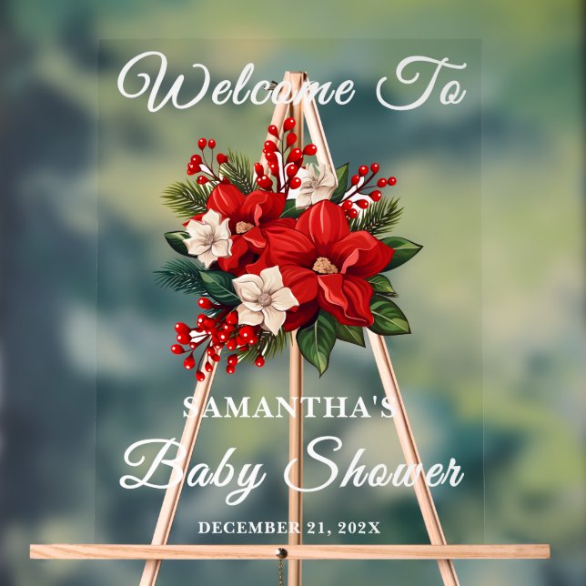 Panneau En Acrylique Baby shower de Noël Rouge Poinsettia Bienvenue (Neutre)