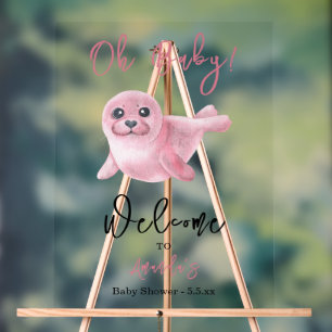 Panneau En Acrylique Baby shower de phoque rose aquarelle