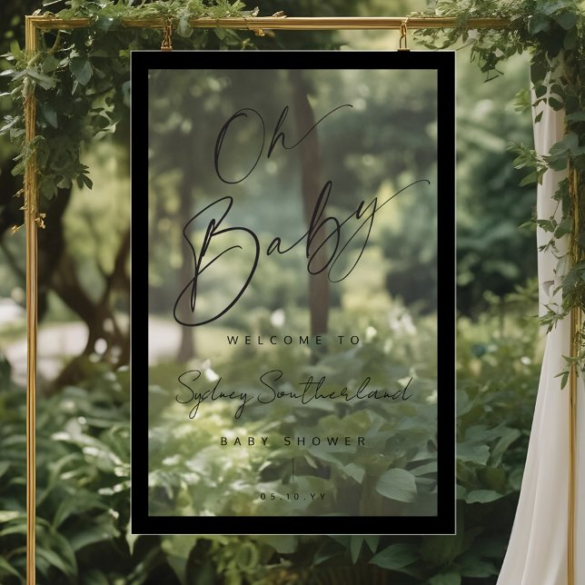 Panneau En Acrylique Baby shower de script minimal Oh Baby Black Brush (Minimal Oh Baby Black Brush Script Baby Shower Acrylic Sign)