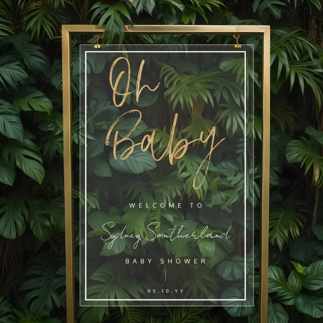 Panneau En Acrylique Baby shower de script minimal Oh Baby Gold Brush (Minimal Oh Baby Gold Brush Script Baby Shower Acrylic Sign)