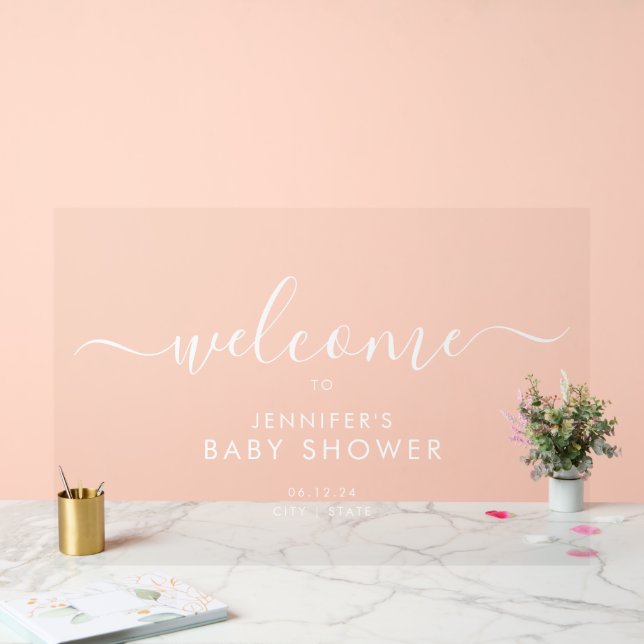 Panneau En Acrylique Baby shower de script moderne Bienvenue Blanc (Mariage)