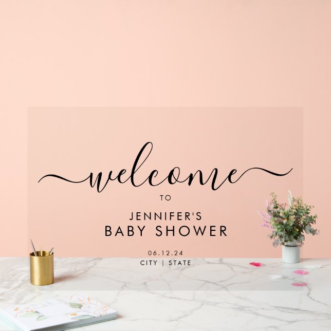 Panneau En Acrylique Baby shower de script moderne Bienvenue Noir (Mariage)