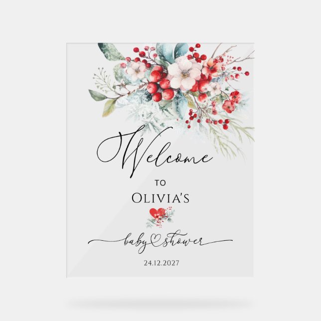 Panneau En Acrylique Baby shower d'hiver vert rouge Bienvenue (Recto)