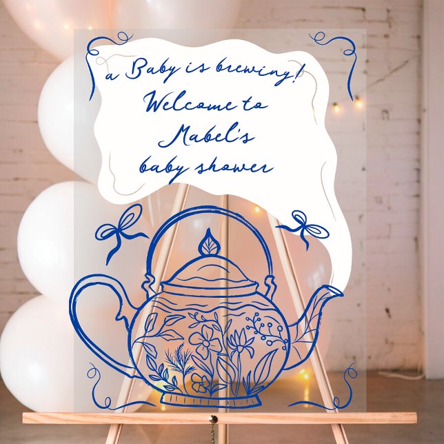 Panneau En Acrylique Baby shower en théière bleu rétro bienvenue (Retro blue bows teapot baby shower welcome acrylic sign)