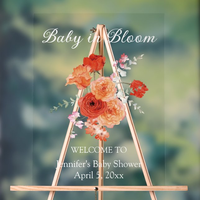Panneau En Acrylique baby shower fleuri orange bébé accueil (Neutre)