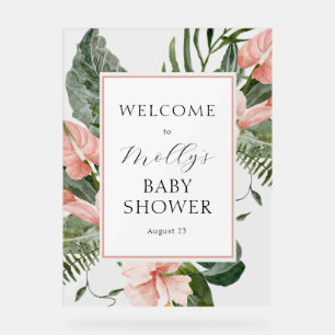 Panneau En Acrylique Baby shower floral rose tropical Bienvenue