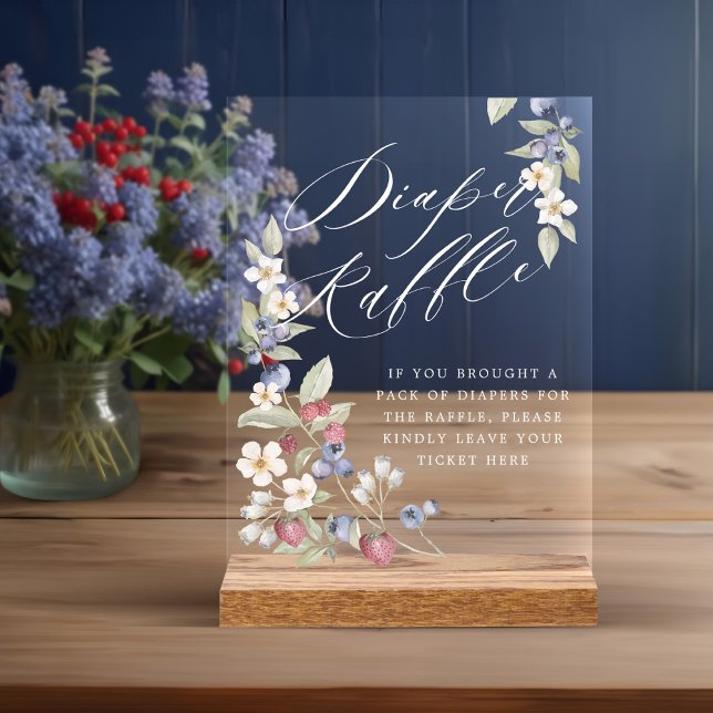 Panneau En Acrylique Baby shower Fromage Raffle Fruits et Fleurs sauvag (Baby Shower Diaper Raffle Wild Berries & Flowers Acrylic Sign)