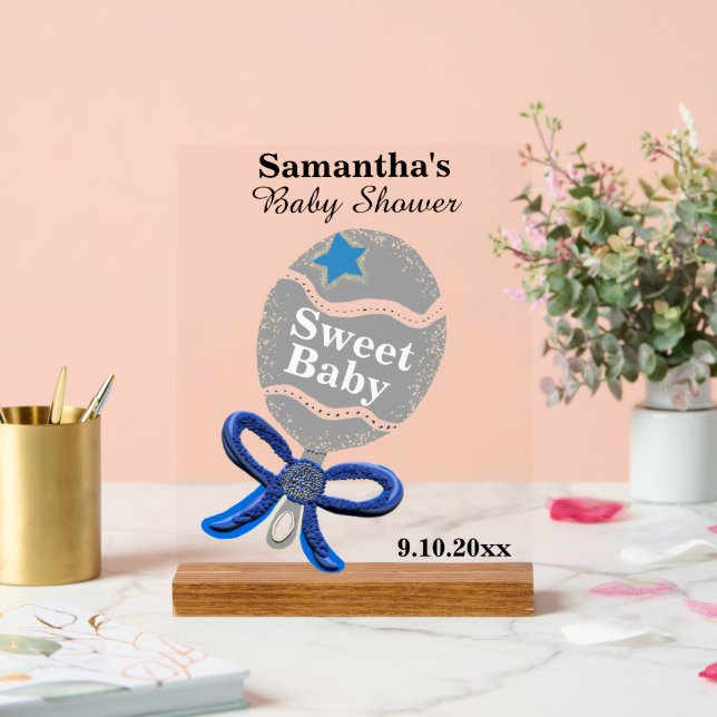 Panneau En Acrylique Baby shower Garçon Silver Blue Rattle (Mariage)