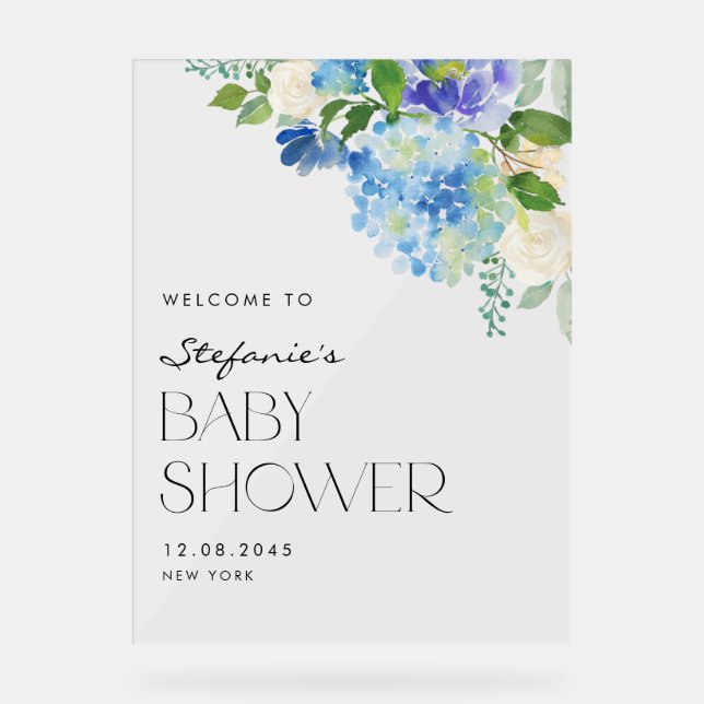 Panneau En Acrylique Baby shower moderne Blue Hydrangea Fleurs Accueil (Recto)