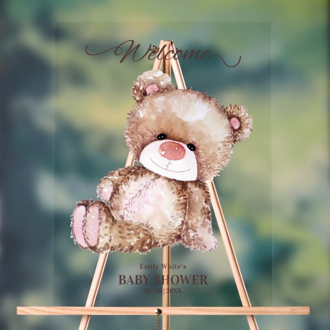 Panneau En Acrylique Baby shower Ours Teddy, Baby shower Ours Rose Fill (Neutre)