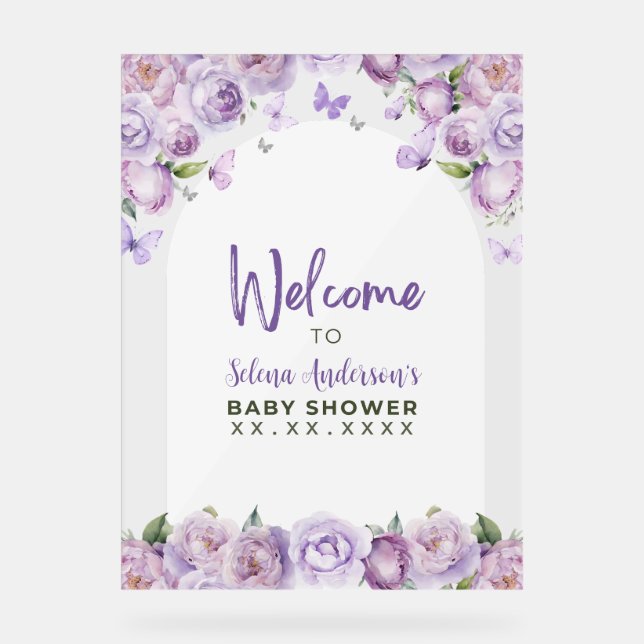 Panneau En Acrylique Baby shower papillon floral mauve Bienvenue (Recto)