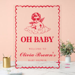 Panneau En Acrylique Baby Shower Rétro aux Couleurs Rose et Rouge avec