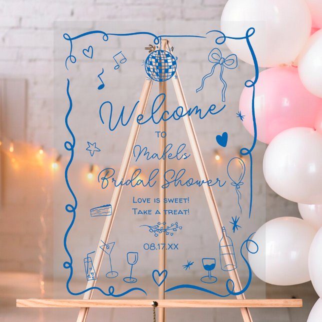 Panneau En Acrylique Baby shower rétro bleu illustré à la main (Retro blue hand drawn illustrated bridal shower acrylic sign)
