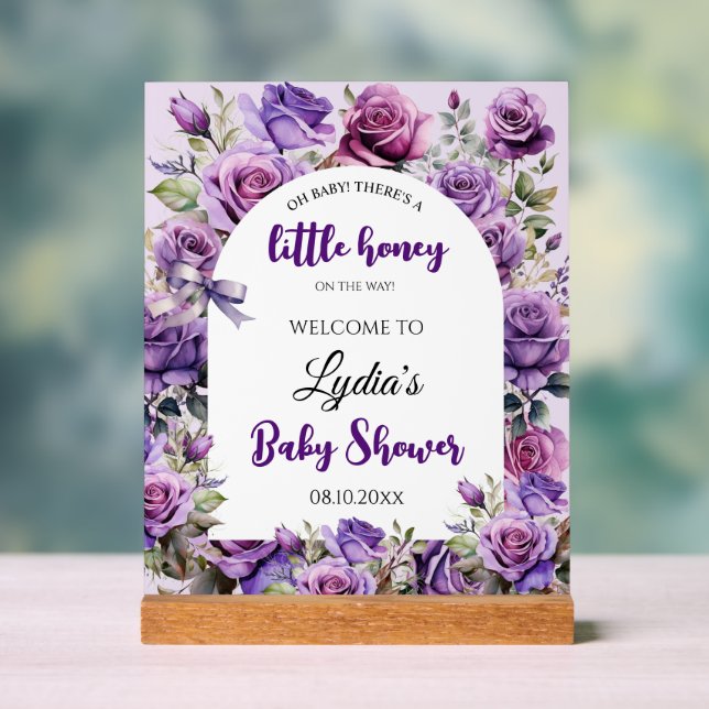 Panneau En Acrylique Baby shower Rose Little Honey Purple Bienvenue (Neutre)