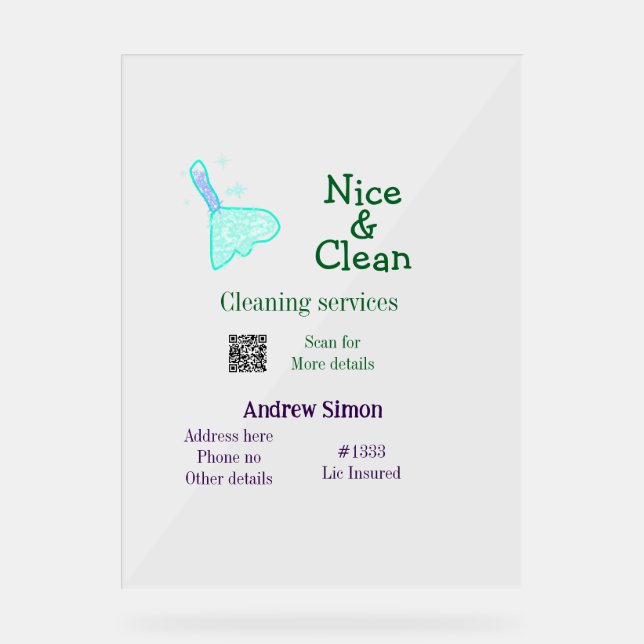 Panneau En Acrylique Balai nettoyant vert bleu gitter ajouter nom adres (Recto)