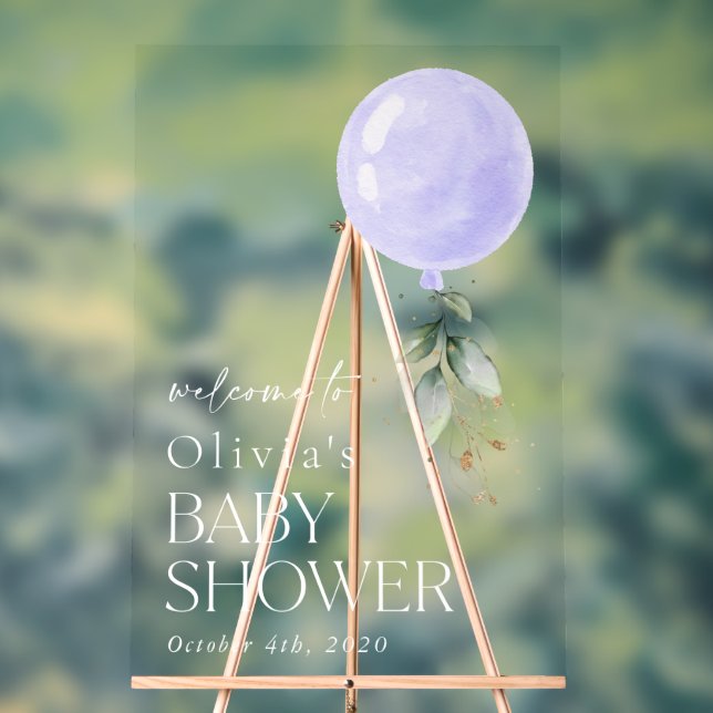 Panneau En Acrylique Balloon violet, Eucalyptus, Baby shower Bienvenue (Neutre)