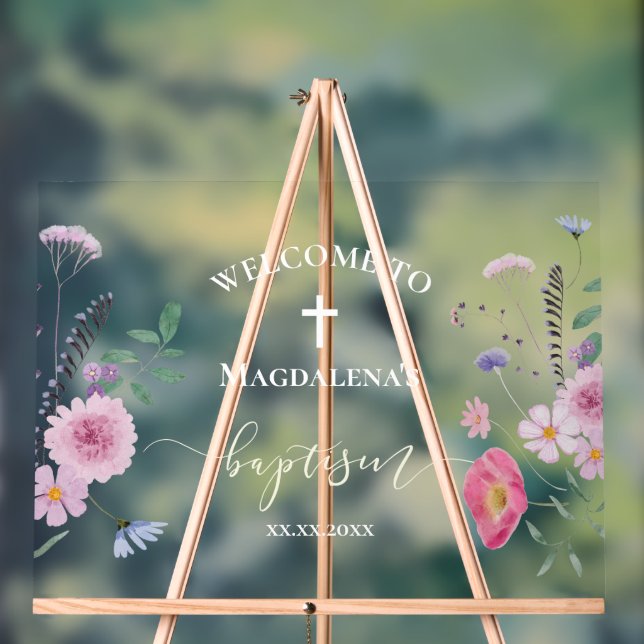 Panneau En Acrylique Baptême fleur sauvage signe de bienvenue (Neutre)