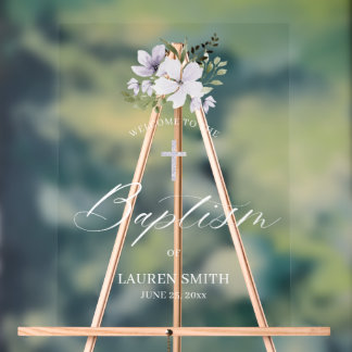 Panneau En Acrylique Baptême floral Christening Élégant Script