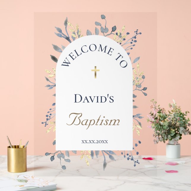 Panneau En Acrylique Baptism blue foliage clear welcome sign (Mariage)