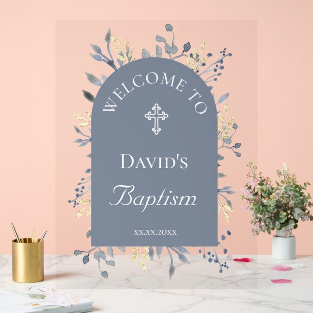 Panneau En Acrylique Baptism blue foliage clear welcome sign (Mariage)