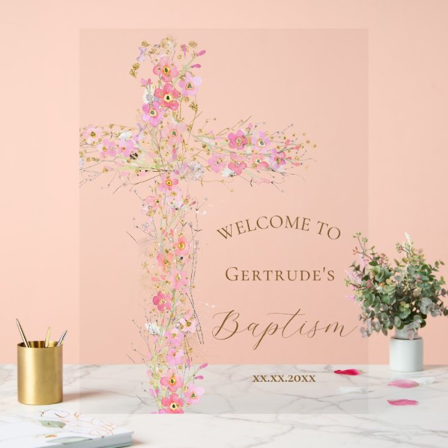 Panneau En Acrylique Baptism pink flowers cross welcome clear sign (Mariage)