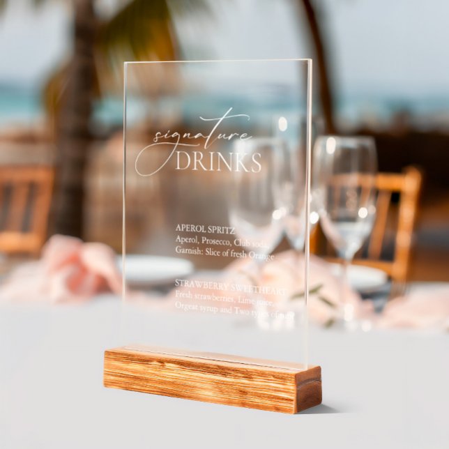 Panneau En Acrylique Bar Mariage des boissons de signature (Signature Drinks Wedding Bar Acrylic Sign)