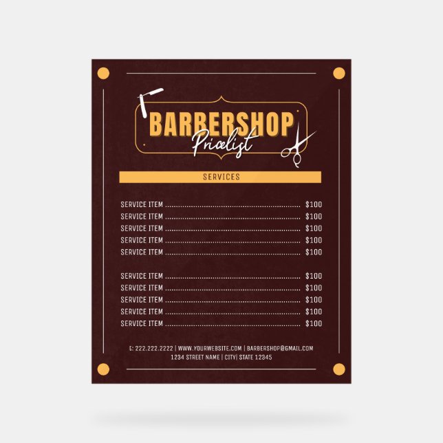 Panneau En Acrylique Barber Services moderne Barbershop Tarifs (Recto)