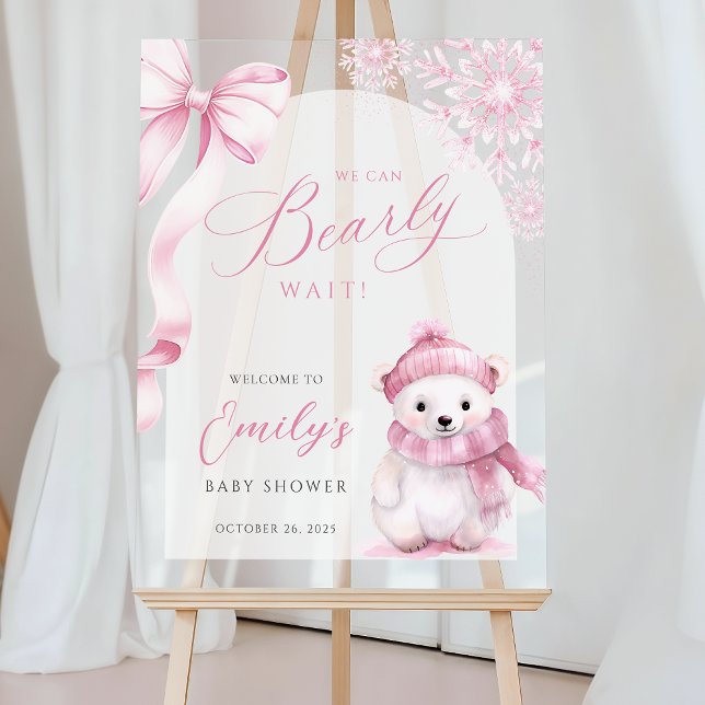 Panneau En Acrylique Beary Pink Winter Baby Shower Acrylic Welcome Sign (Créateur téléchargé)