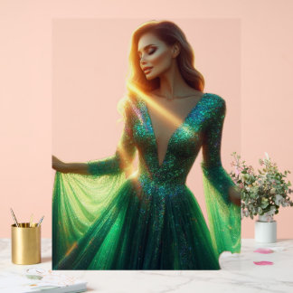 Panneau En Acrylique Beautiful Woman in a Green Dress on a 18x24 