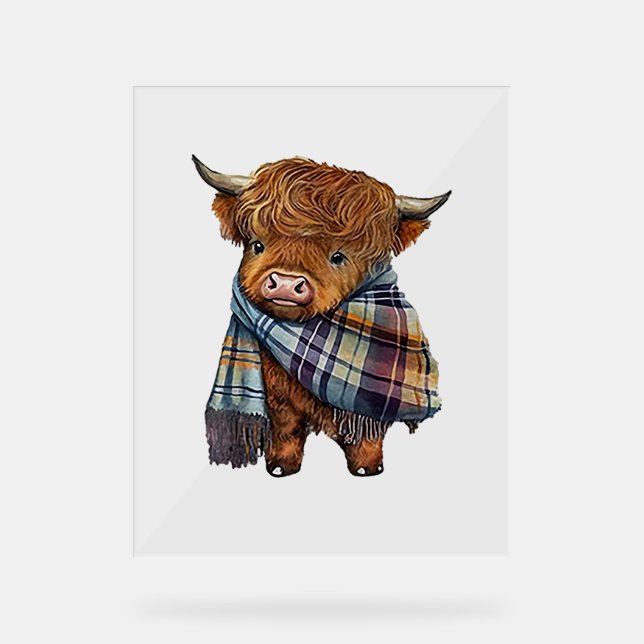 Panneau En Acrylique Bébé De Vache De West Highland Avec Écharpe Plaid (Recto)