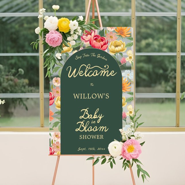 Panneau En Acrylique Bébé en Fleur Jardin Floral Baby shower Bienvenue (Baby in Bloom Floral Garden Baby Shower Welcome Acrylic Sign)