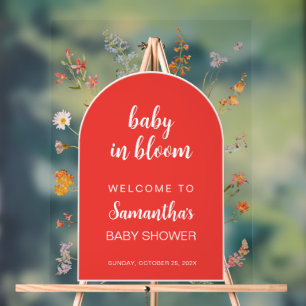 Panneau En Acrylique Bébé Rouge en Fleur Fille Bain de Bienvenue Fleurs