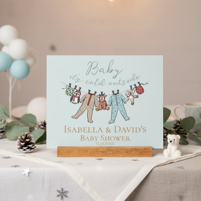 Panneau En Acrylique Bébé son Baby shower froid à l'extérieur de l'hive (Baby It's Cold Outside Baby Blue Winter Baby Shower Sign. Cute Winter Wonderland Animals & Pajamas)