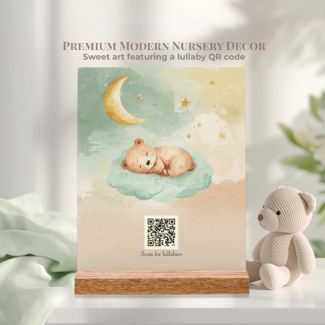 Panneau En Acrylique Berceuse interactive QR Ours endormi Céleste (Unique baby shower gift! Tabletop sleeping bear plaque with QR code that plays soothing lullabies.)
