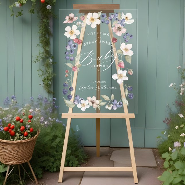 Panneau En Acrylique Berry Sweet Baby shower Berries & Fleurs Bienvenue (Berry Sweet Baby Shower Berries & Flowers Welcome Acrylic Sign)