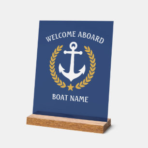 Panneau En Acrylique Bienvenue à bord Nom du bateau Ancre Laurel Marine