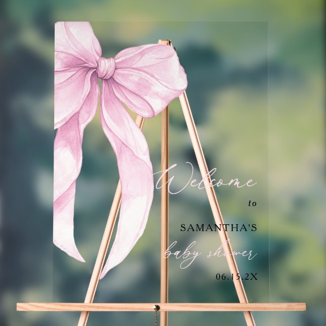 Panneau En Acrylique Bienvenue à la Baby Shower avec un Nœud Rose Moder (Neutre)
