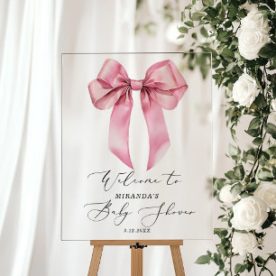 Panneau En Acrylique Bienvenue à la baby shower Bébé au Nœud Rose