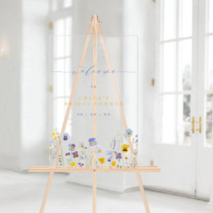 Panneau En Acrylique Bienvenue à la Baby Shower Bleue et Jaune de Fleur