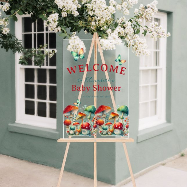 Panneau En Acrylique Bienvenue à la Baby Shower Champignon de la Forêt  (Whimsical Forest Mushroom Baby Shower Welcome Acrylic Sign)