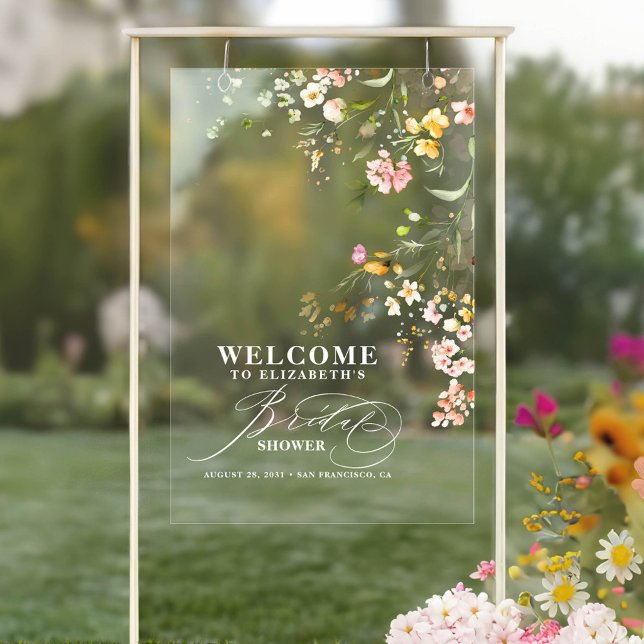 Panneau En Acrylique Bienvenue à la Baby Shower de Fleurs Sauvages Colo (Wildflowers Bridal Shower Acrylic Transparent Welcome Sign)